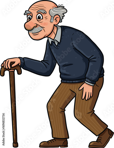 Old man walking with cane, elderly cartoon character, senior man illustration, aging person, grandfather clipart, vector drawing