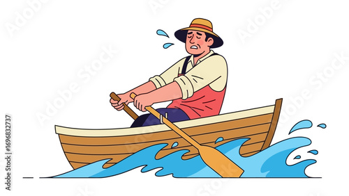 Against the Tide: A man, battling against surging waters in a quaint rowboat, exhibits both struggle and resolve amidst the challenging environment.