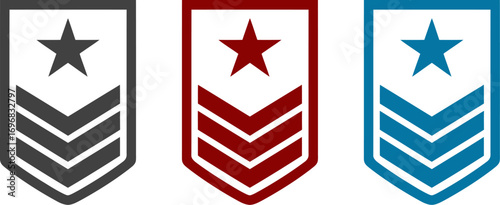 Military rank insignia with star and chevron stripes in different colors