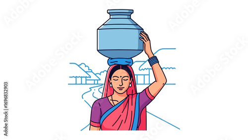Water Carrier's Journey: An illustrated portrait of a woman balancing a water pot on her head as she navigates a pathway, embodying resilience and the essence of life's daily challenges.
