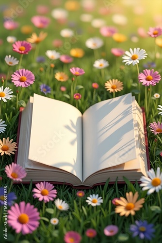 Open Book with Daisy Shadows in Flower Field