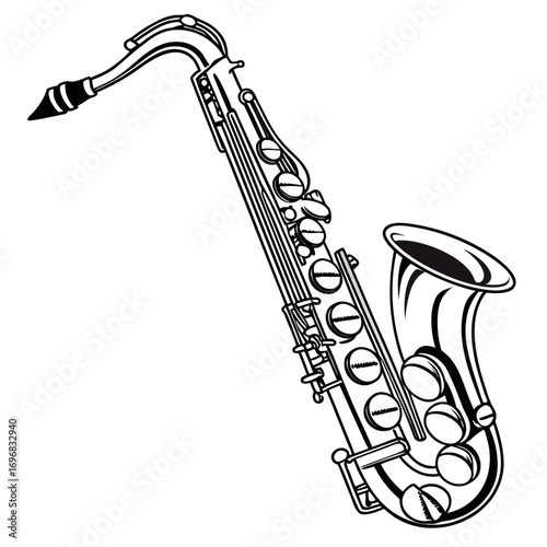 Detailed Black and White Illustration of a Saxophone Isolated on a White Background