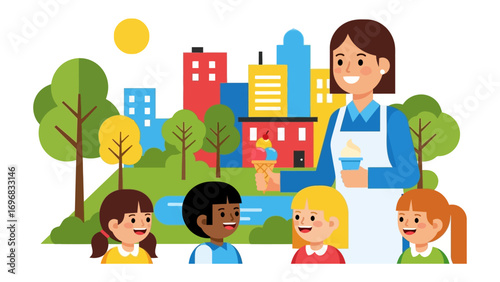 A Sweet Treat: A cheerful shopkeeper serves ice cream to delighted children, set against the backdrop of a colorful cityscape in a sunny environment, symbolizing care and kindness