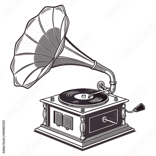 Classic Gramophone Illustration Vintage Sound and Antique Charm in Black and White