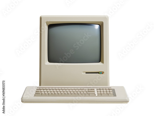 Retro 1980's computer cpu and keyboard, isolated on white or transparent background