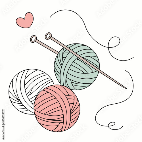 Handcrafted knitting supplies featuring balls of yarn in pink and mint green with knitting needles and a heart accent, symbolizing hobbies and cozy creativity