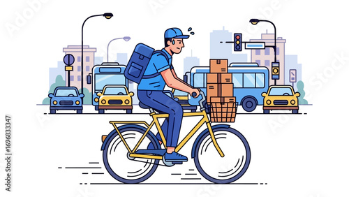 Delivery Courier on Bicycle: An energetic delivery courier pedals purposefully through a busy urban environment, diligently transporting packages on a sleek bicycle.