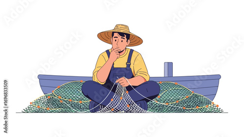 Fisherman contemplating: A contemplative fisherman seated in his boat, engrossed in repairing his net, a symbol of patience and the quiet rhythm of daily life.