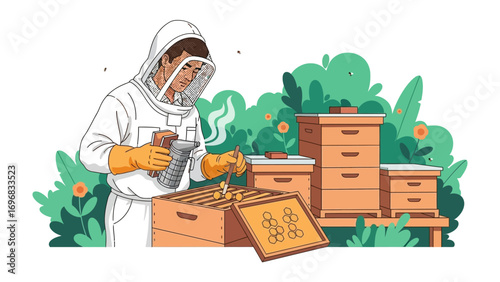 Beekeeper's Task: An illustrated beekeeper, dressed in protective gear, attends to a beehive in a vibrant garden, showcasing the practice of beekeeping.