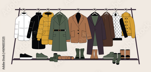Fashion Store Interior with Racks of Winter Clothing, Vector Cartoon Illustration Featuring Trendy Men’s and Women’s Outfits for Autumn and Spring with Stylish Accessories Displayed