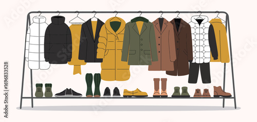 Fashion Store Interior with Racks of Winter Clothing, Vector Cartoon Illustration Featuring Trendy Men’s and Women’s Outfits for Autumn and Spring with Stylish Accessories Displayed