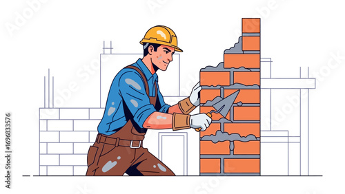 Bricklayer at Work: A skilled bricklayer is meticulously crafting a wall, demonstrating precision and expertise, showcasing construction and building