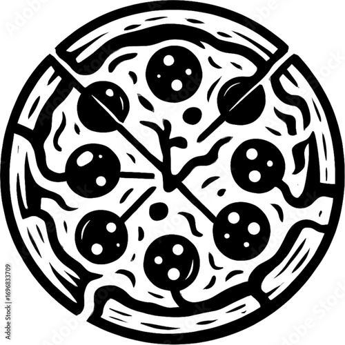 Pizza Icon Illustration: A minimalist icon of a delectable pizza. Its precise cuts and strategic ingredient placement give it an irresistibly attractive design. 