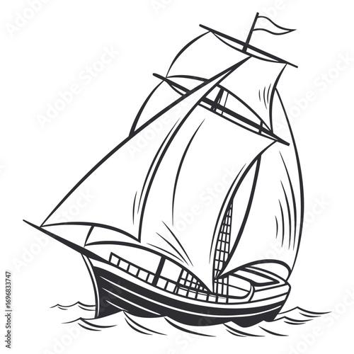 Black and White Illustration of a Sailing Ship on the Open Sea, Ideal for Nautical Themes