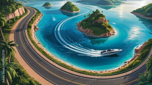Wallpaper Mural Speedboat glides through turquoise waters beside a scenic coastal highway with tropical islands Torontodigital.ca