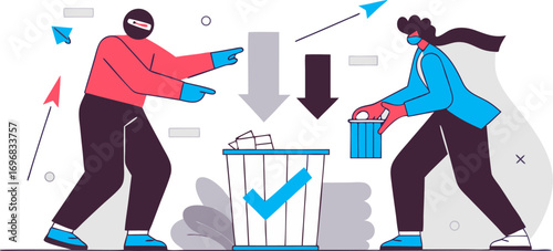 People cleaning and disposing of items into trash bin concept