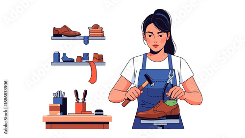 Shoemaker at Work: A skilled shoemaker meticulously repairs a leather shoe with hammer and tools in workshop. An illustration, capturing the artisan's attention to detail and craftsmanship.