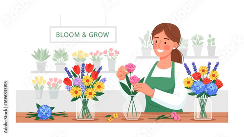 Florist's Floral Masterpiece: A skilled florist composes a vibrant bouquet within a shop filled with blooms, an illustration of her meticulous, joyful work with blooming flowers.