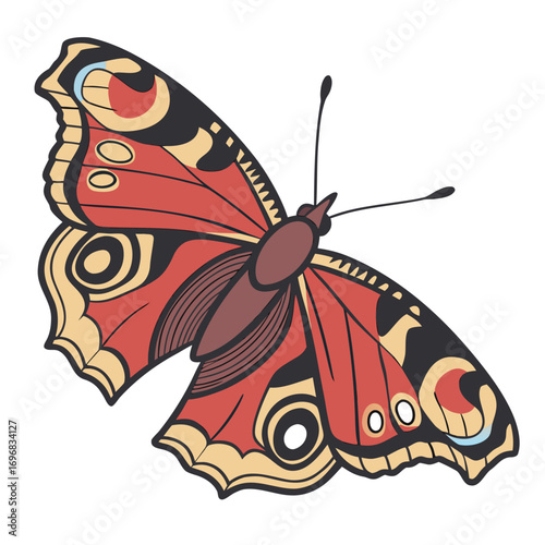 Vibrant and detailed graphic illustration of a butterfly with ornate wing patterns and rich colors, representing the delicate elegance of this aerial insect