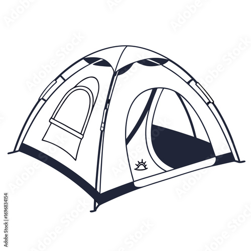 Outline drawing of a portable dome tent. A symbol of adventure, camping, and exploring the great outdoors. Isolated vector