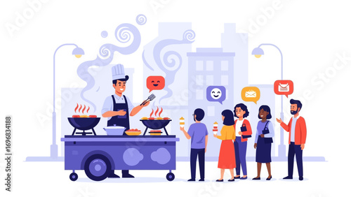 Street Food Delights: An illustration of a lively street food scene, featuring a skilled vendor serving a diverse crowd, conveying the flavors and social essence of urban dining.