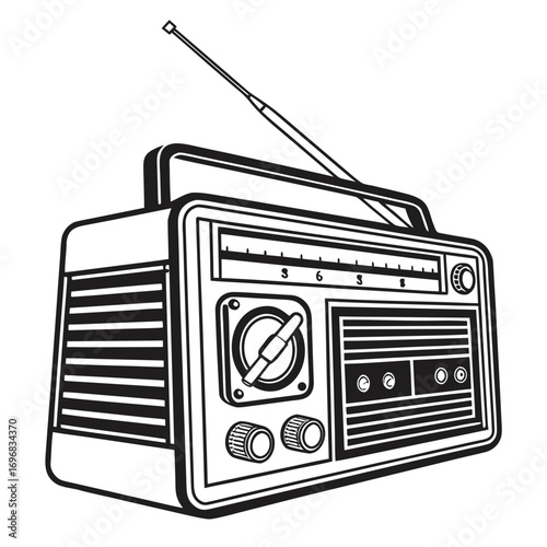 Retro portable radio with extended antenna and tuning knobs, black and white line art illustration