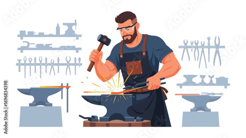 Blacksmith Forging Art: A skilled artisan, with focused precision, crafts metal with a hammer. The sparks fly in the forge