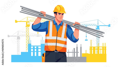 Construction Worker and Steel Rods: An illustration of a determined construction worker, wearing safety gear, carrying a bundle of steel rods at a construction site.