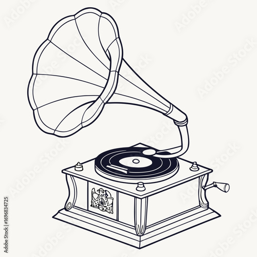 Vintage gramophone with ornate horn and crank, a classic music player celebrating nostalgic audio entertainment