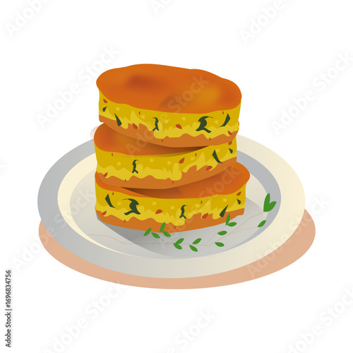 Three golden-brown layered snacks with vegetable and herb filling, arranged neatly on a dish