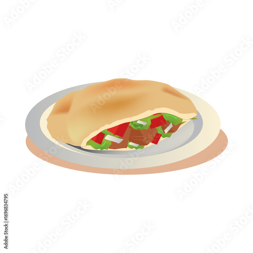 Flat vector food illustration of shawarma or gyro pita on a round plate