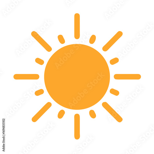 A bright orange sun icon with radiating rays symbolizing warmth light and energy depicted as a simple graphic element isolated on transparent background