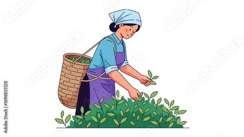 Tea picker at work: An illustration captures a tea picker collecting leaves in tea field, with a gentle, hardworking ethos, which evokes the essence of tea harvest. 