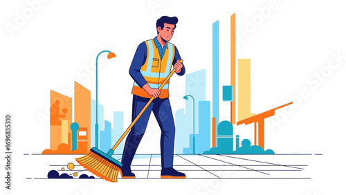 Community Care: An illustration of a dedicated street cleaner, meticulously sweeping a city street with modern skyscrapers in the backdrop, embodying civic responsibility and urban maintenance. 