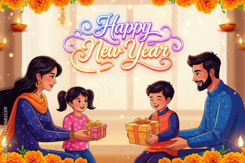 Happy New Year Family Celebration. Diwali Gifts with Marigold Diya Border.