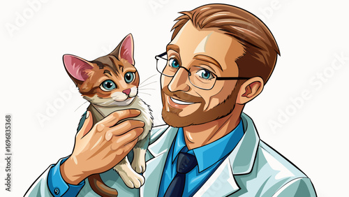 Close-up portrait of male veterinarian holding a small kitten. Isolated white background shows care, compassion, and expertise in animal health.
