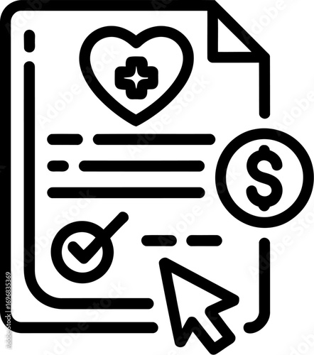 Digital health insurance form with cursor, checkmark, and dollar sign, representing online healthcare application.