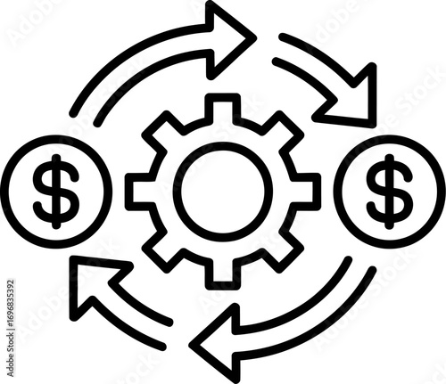 Financial cycle with gear and currency symbols representing economic process