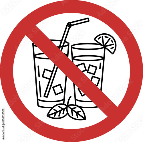 No drinks allowed symbol with two glasses of ice and straw
