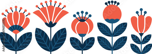 Whimsical folk art flowers in coral and deep blue on a white background