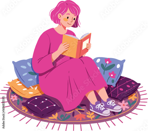 Young woman reading book on cozy cushions, relaxing indoors, peaceful lifestyle, education, leisure activity, comfortable home environment.