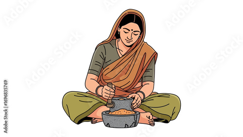 Indian Woman: A hand-drawn illustration of a woman grinding spices, capturing the essence of tradition.