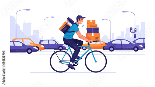 Fast Delivery Service: An illustration captures a delivery courier on a bicycle navigating a bustling city scene, efficiently transporting packages through traffic to ensure timely arrival.