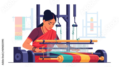 Artisan Weaver: A skilled artisan, diligently weaving vibrant textiles on a traditional loom, showcasing the artistry of craftsmanship and cultural heritage.