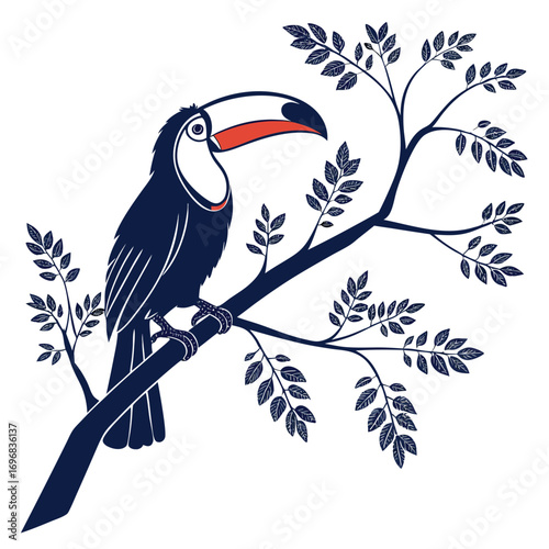 Dark Blue Toucan Bird Sitting on a Tree Branch with Leaves perched