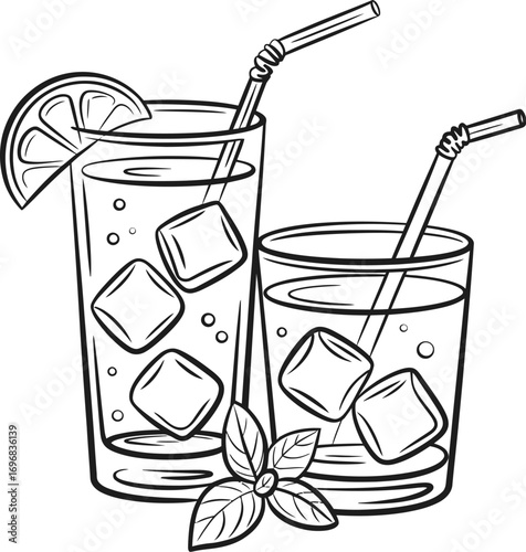 Refreshing summer drinks with ice cubes and mint garnish