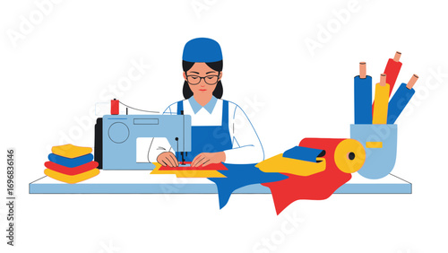 Sewing Symphony: An artisan focuses with meticulous precision at the sewing machine, meticulously stitching vibrant fabrics into existence. Capturing skill, concentration, and a symphony of colors. 