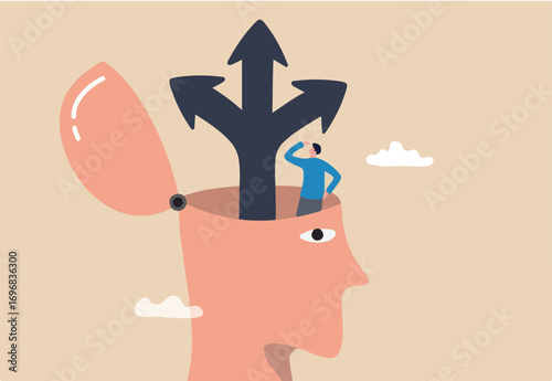 Decision to choose choice, option or opportunity, challenge to select career path, decide business direction, thinking for solution or doubt concept, businessman decide way of success in his own head.
