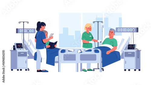 Medical Care in Hospital: Inside a contemporary hospital room, dedicated medical personnel attend to patients, providing attentive care and utilizing advanced medical tools.