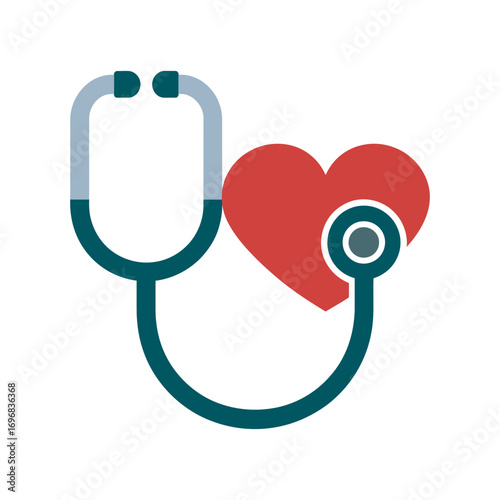 Medical icon featuring a stethoscope examining a red heart, symbolizing cardiology, healthcare, and wellness. Flat vector graphic for health diagnosis and checkups